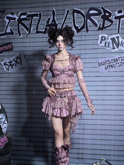 Peplum Y2K Cami Detachable with Sequin Butterfly Crop Punk Pink Rhinestone Pastel