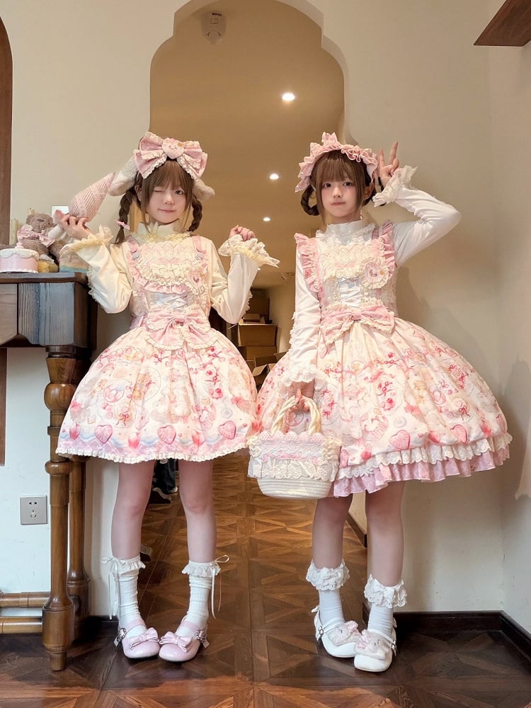 Pink Sweet Strawberry Print Lolita JSK Dress with Detachable Bow and Heart Brooch - wawao good night bear