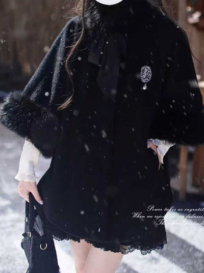 Black Cape Cuffs Jirai Plush Cozy Winter Coat - Kei with Fall Essential A Collar