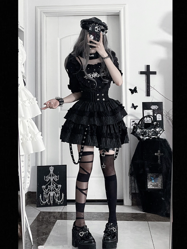 Stripes Dress with Puff Black Sleeve White Patch Gothic Studded Heart Short