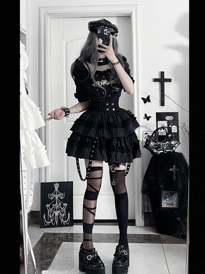 Stripes Dress with Puff Black Sleeve White Patch Gothic Studded Heart Short