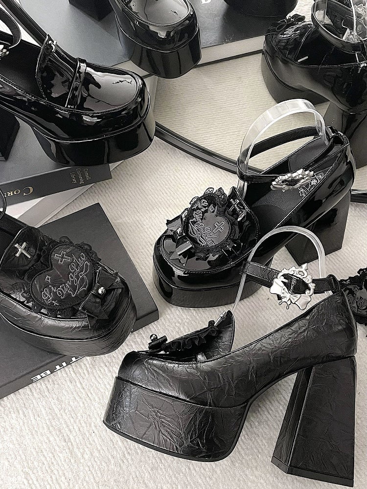 Detachable Heels High Patch Polished Cross Black Block Silver Platform Heart with Lace-trimmed Gothic Decoration