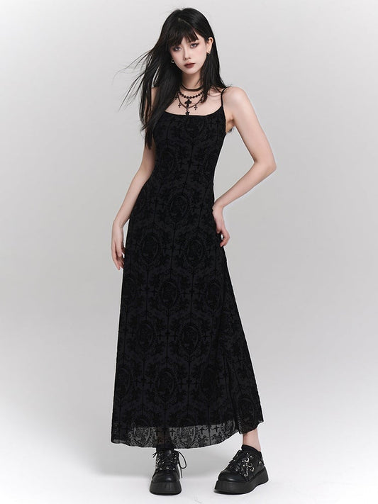 Flocked Black  Patterns Slip Ankle-Length Gothic with Floral Portraits Dress