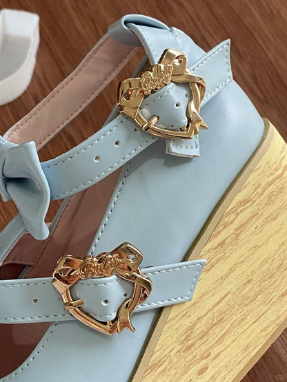 Light Heart-shaped Lolita 6cm Shoes with Snap Blue Hime Design Platform T-strap