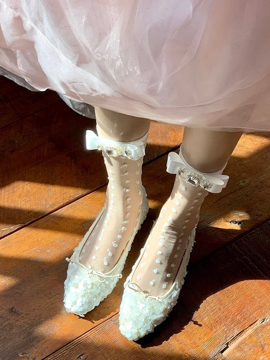 Rhinestone Decorated Socks Bowknot White/Grey/Black