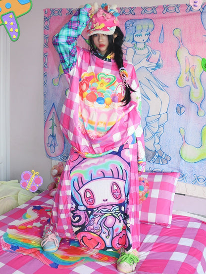 Kariertes Cartoon-Rock-Druckmuster Y2K Rote Rose