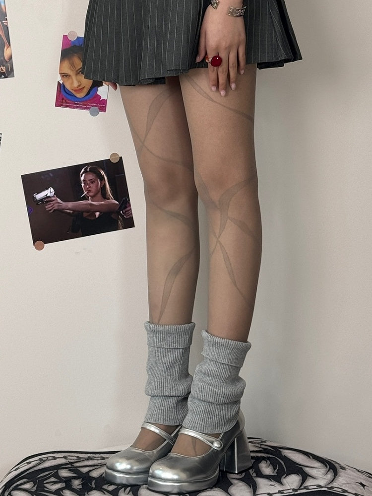 Ribbon Print Tights Black/Whiye/Brown/Gray