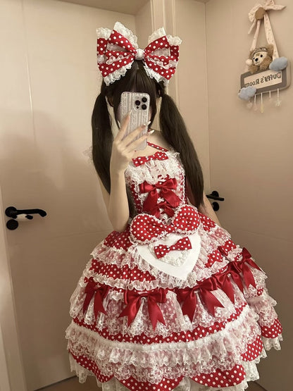 Polka Lolita Kleid Rock Muster Akzente Schleife Schule Alte Punkte Roter Pullover