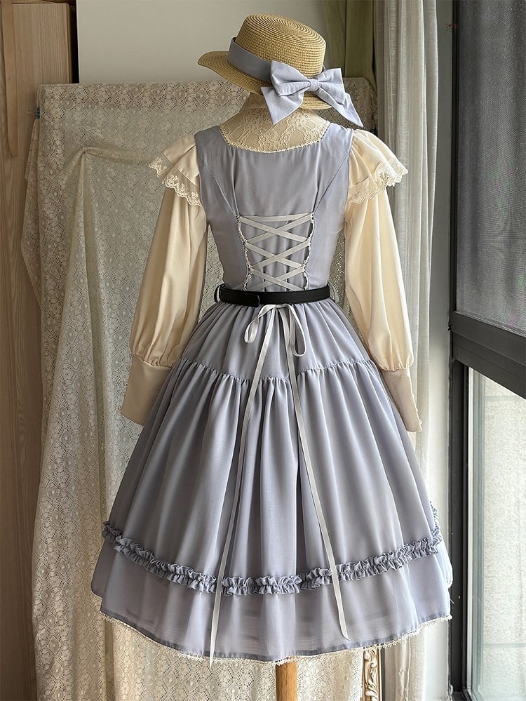 Light Gray Elegant Classic Lolita JSK Dress with Ruffled Front Placket and Lace Trim
