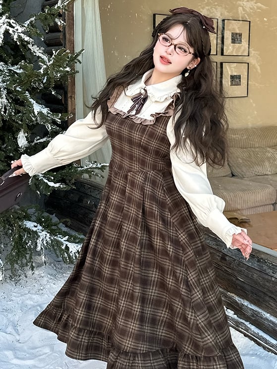 Plus Size Brown Peter Pan Collar Long Sleeves Plaid Flounce Hem Dress