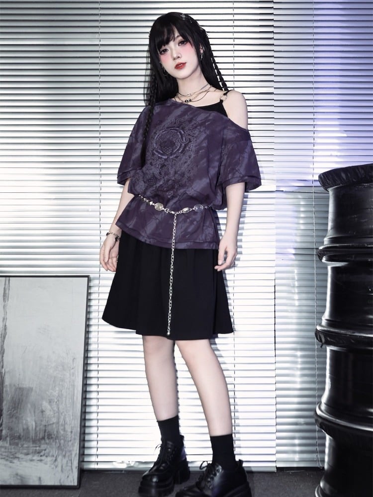 Gothic Purple Faux Two-Piece Off-Shoulder Tee with Sea Lily Print - Quirky Hut