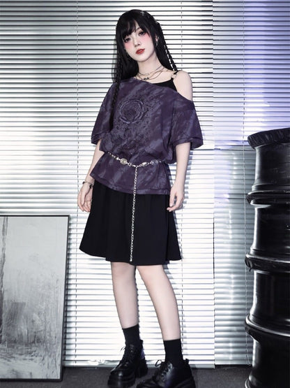 Gothic Purple Faux Two-Piece Off-Shoulder Tee with Sea Lily Print - Quirky Hut
