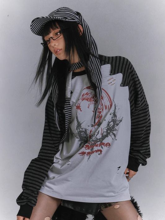 and Colorblock Long Sleeves Striped with Black and Gray Top Punk Print Design