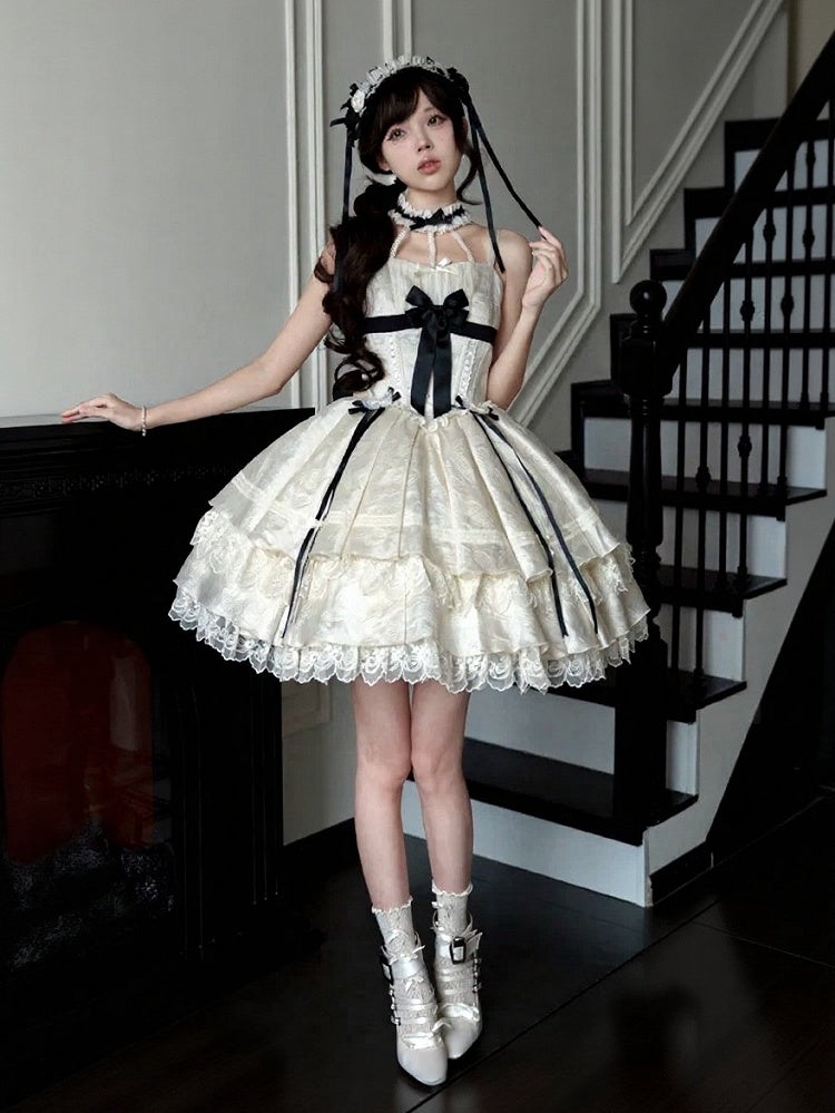 Apricot Lace-Trim JSK Dress with Black Bows - Die Die Zi