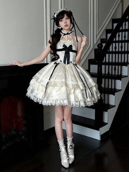 Apricot Lace-Trim JSK Dress with Black Bows - Die Die Zi