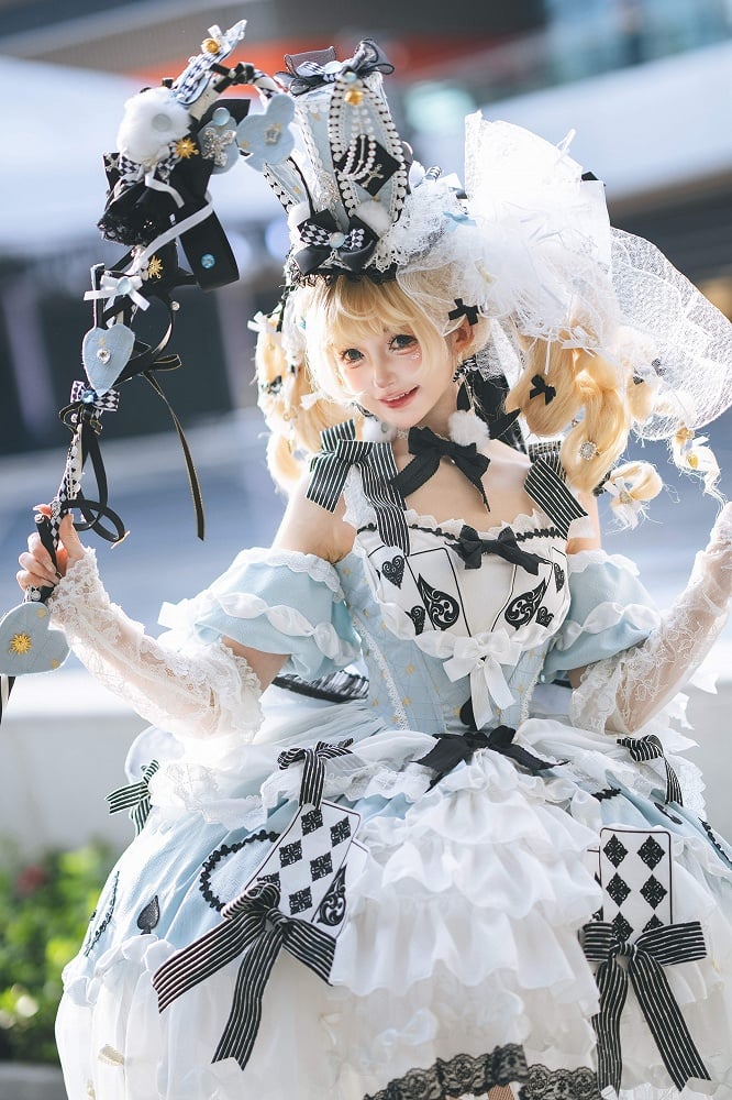 Alice in Wonderland Off-Shoulder Lolita Dress with Playing Card Appliques - Hinana Queena