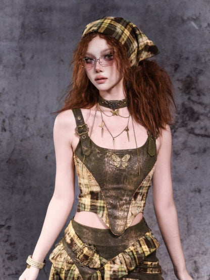 Green Plaid Buckle Straps Metal Butterfly Top