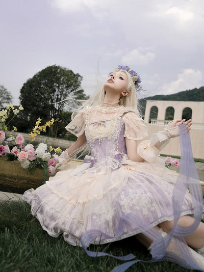 Balletcore Top Corset + Print Skirt Lolita Princess Purple Light Boned Floral