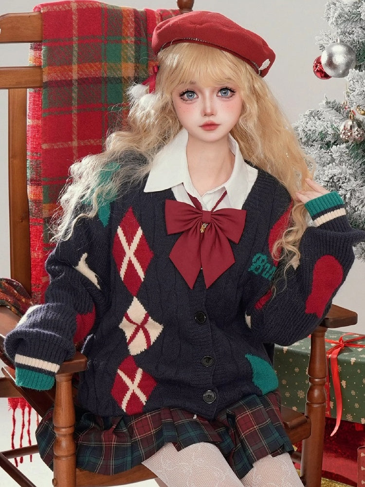 Christmas Milk White/Navy Blue Diamond Pattern V-neck Cardigan