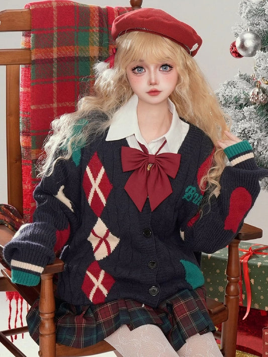 Christmas Milk White/Navy Blue Diamond Pattern V-neck Cardigan