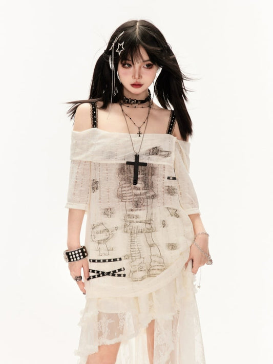 アプリコット/ブラック オフショルダー クロスストラップ カートゥーンガールプリント カバーアップ