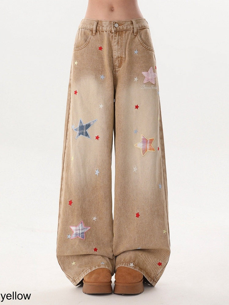 5-Color Casual Distressed Straight Jeans with Star Embroidery Decoration - Rayohopp