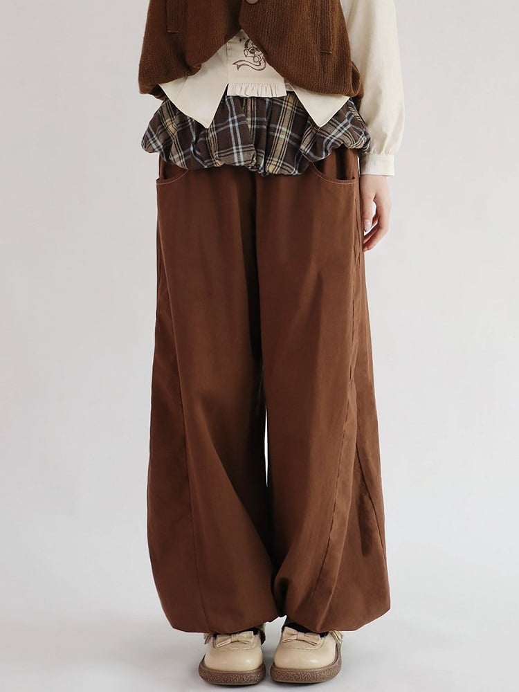 and Plaid Pants Detail Wide-Leg Brown Pockets Ruffle with