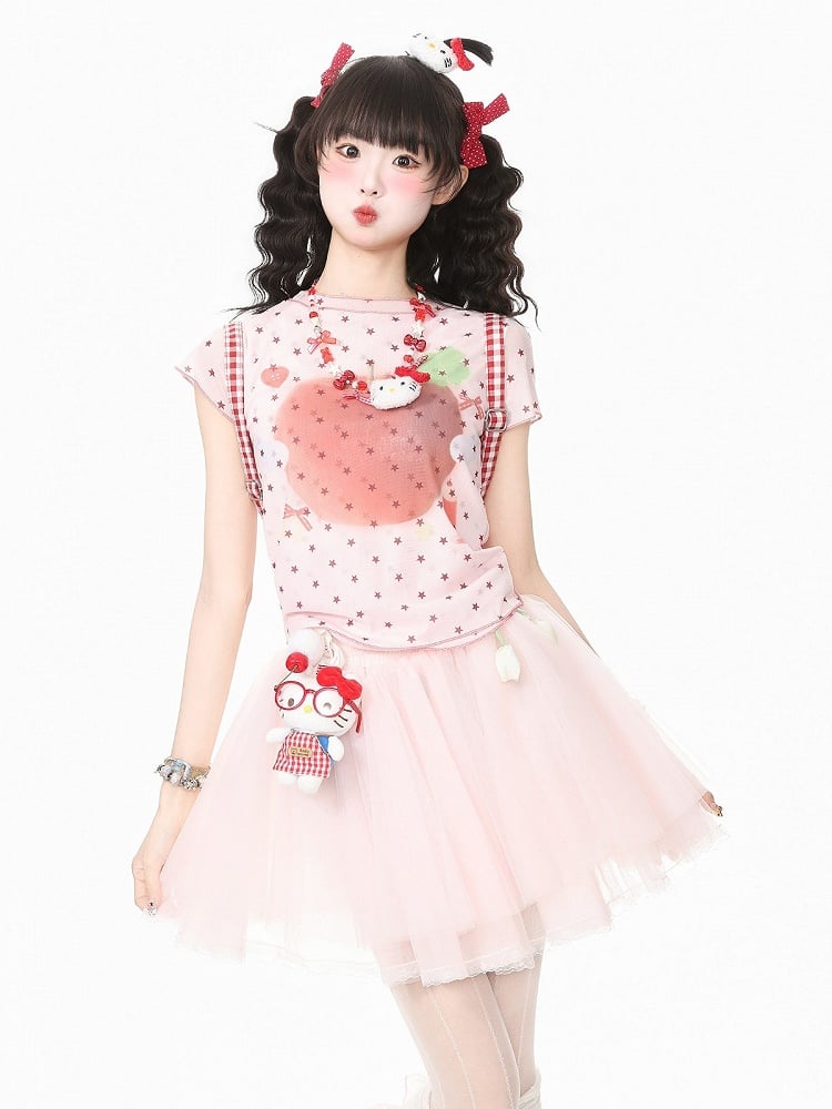 Red Double Layer Mesh Tee with Star Apple Print - Languid Park