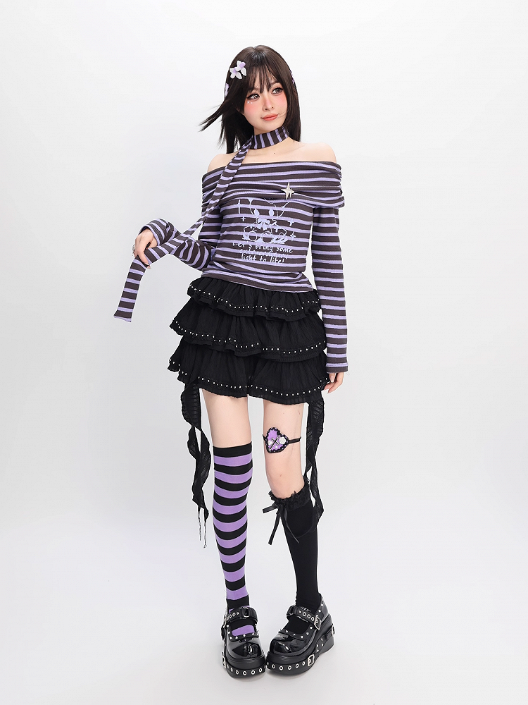 Neckline Striped Top Off-the-shoulder with Free Gray and Y2K Purple Scarf