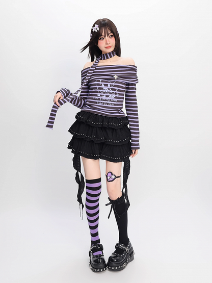 Neckline Striped Top Off-the-shoulder with Free Gray and Y2K Purple Scarf