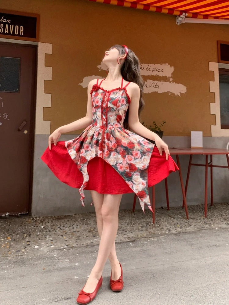 Front Red Rosette Print Cascading Ruffles Lace-up Cami Dress