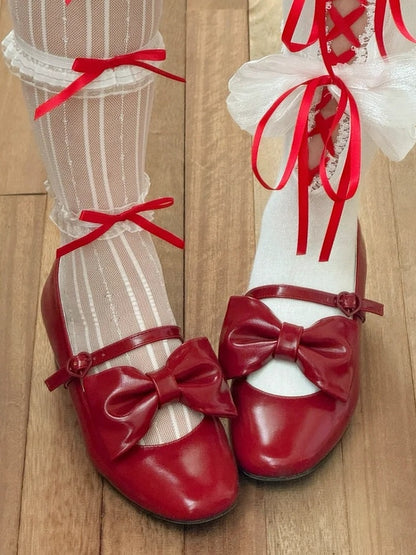 Heel Bow PU Heart Red Lolita Mid with Elegant - Buckle Mary Accents Janes