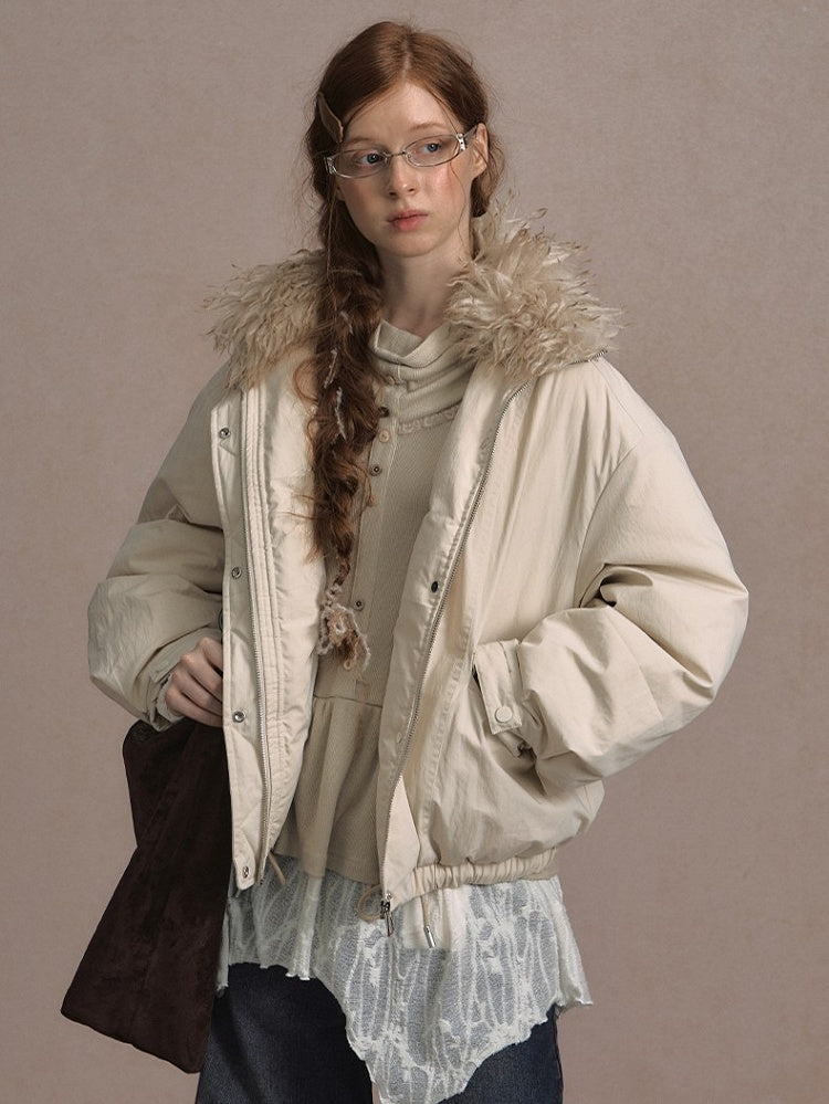 Dark Gray/Beige Cozy Short Down Jacket Fur Faux with Detachable Collar