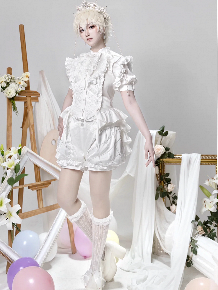 王子様のオールホワイトロリータレイヤードスリーブフリル王子様のフリル裾ボディスシャツショート