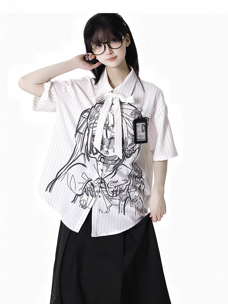Short Sleeves Shirt Anime Girl Print White Stripes Tie Bow