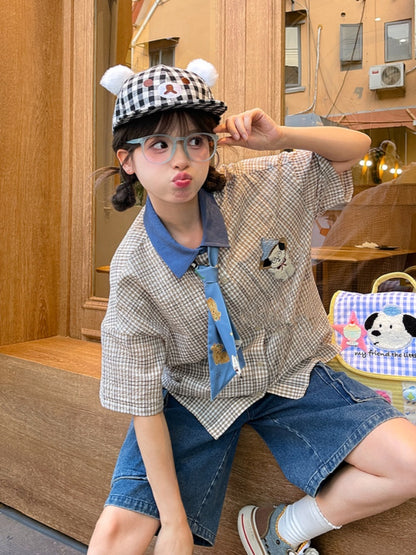 Adorable Puppy Embroidery Plaid Shirt with Tie Light Brown