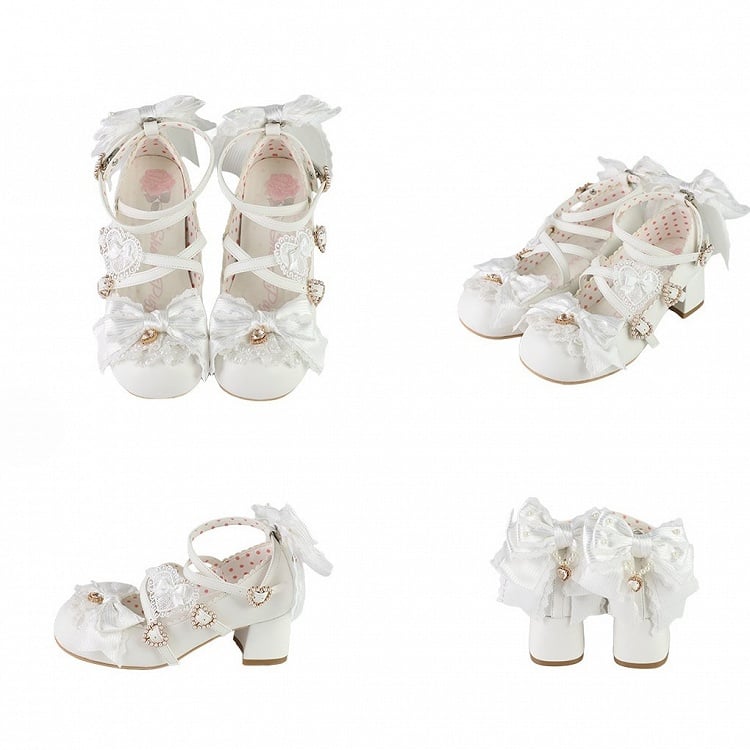 Lolita Crisscross Schnalle Heels 5CM Bowknot Design Details Herz Schuhe Block Weiß Straps Süße
