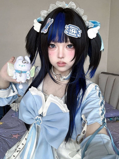 Highlights Ponytails Claw-Clip and Detachable Blue Black Wig with Synthetic