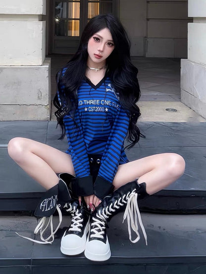 Genderless Black & Blue V-Neck Striped Long Sleeve Top Cross Skull Rhinestone