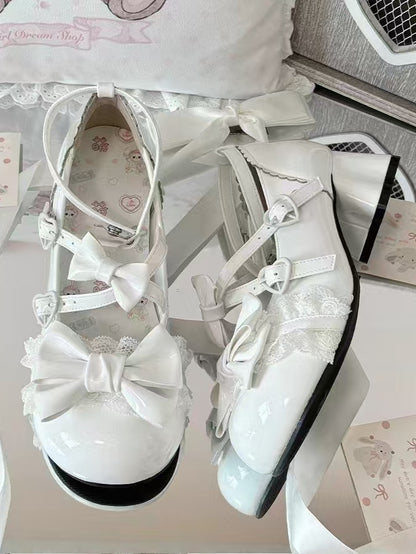 Bow Crisscross Heels White in Sweet Mid Cat with Straps Accents Lolita Heel