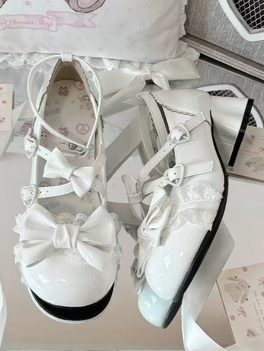 Bow Crisscross Heels White in Sweet Mid Cat with Straps Accents Lolita Heel