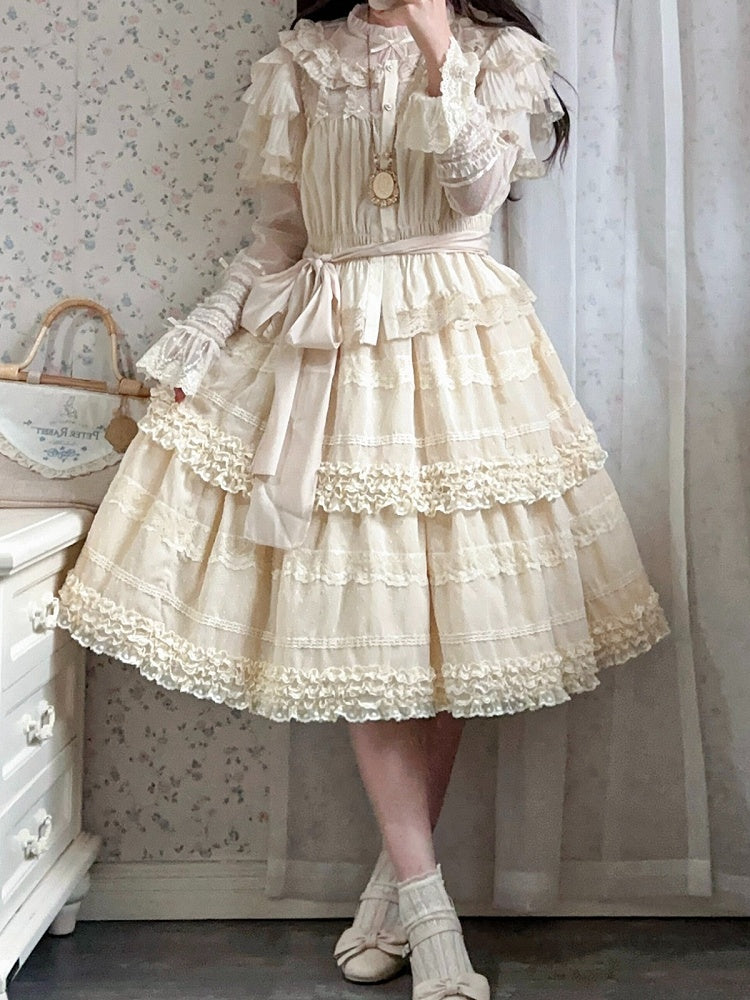 Beige Layered Polka-Dot Lace Skirt - Hana Studio