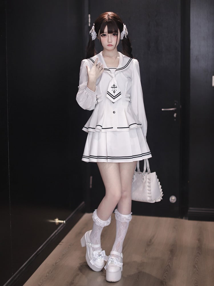 White Long-Sleeve Sailor Collar Top with Neck Tie - Ekomi