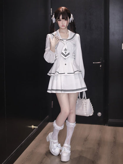 White Long-Sleeve Sailor Collar Top with Neck Tie - Ekomi