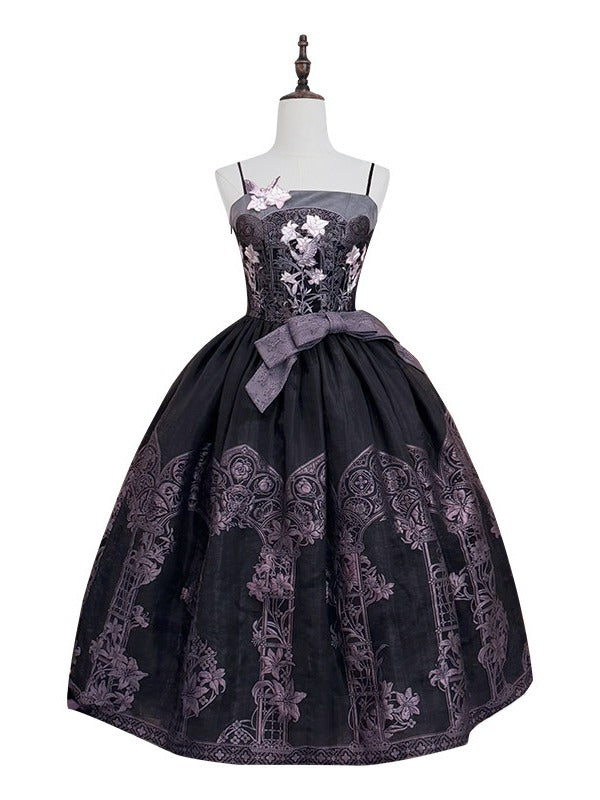 Asian Noir Purple Boned Bow Floral JSK Dress - Yimu Walnut
