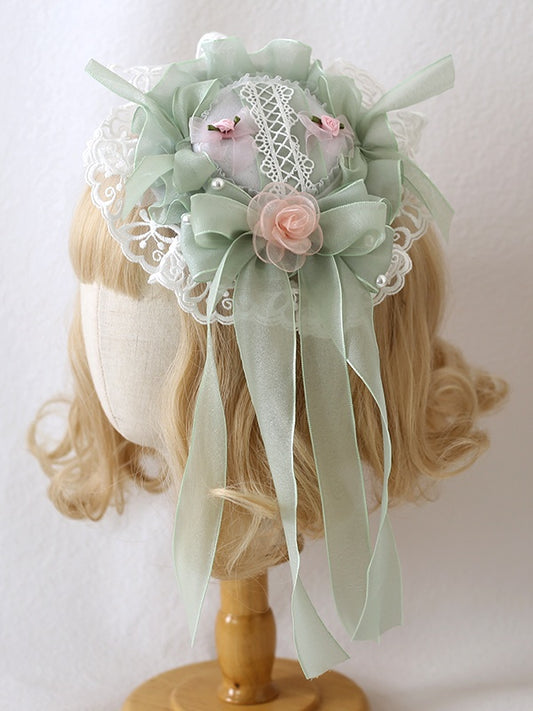 Hat Lolita Fresh Camellias Beads Mini With Pink Sweet Green Bowknots