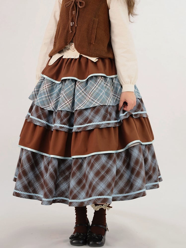 Length Blue Ruffles Tea Tiered Sweet Brown Skirt Plaid Lolita