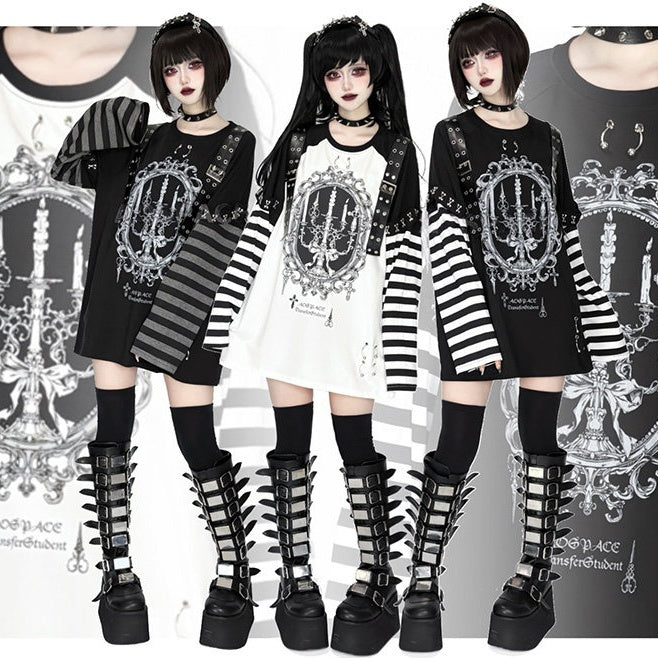 Leather Straps Black Long-Sleeve Punk Decorated Kei Top Gray Candle Printed Striped Jirai