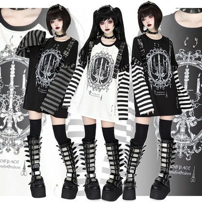 Leather Straps Black Long-Sleeve Punk Decorated Kei Top Gray Candle Printed Striped Jirai