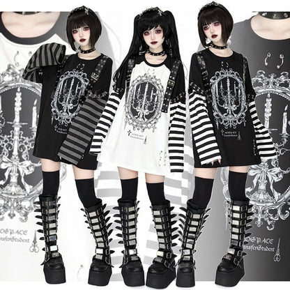 Printed Top Kei Black Striped Candle Straps Long-Sleeve Punk Decorated White Leather Jirai